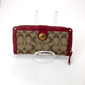 Coach Slim Zip Wallet Signature Canvas Red Leather Trim
